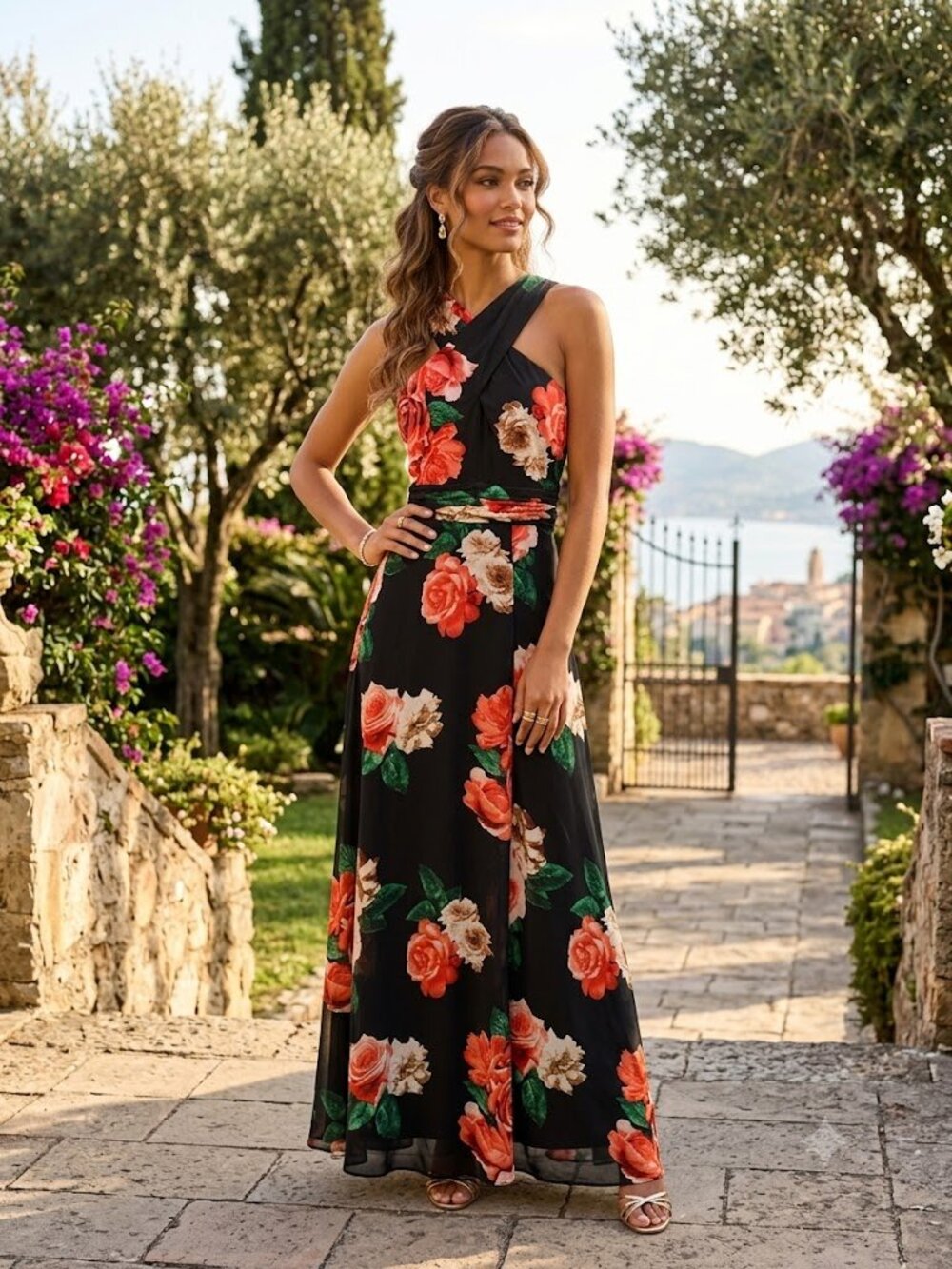 Laundry By Shelli Segal Floral Open-Back Chiffon Maxi Dress (gown), Size 6